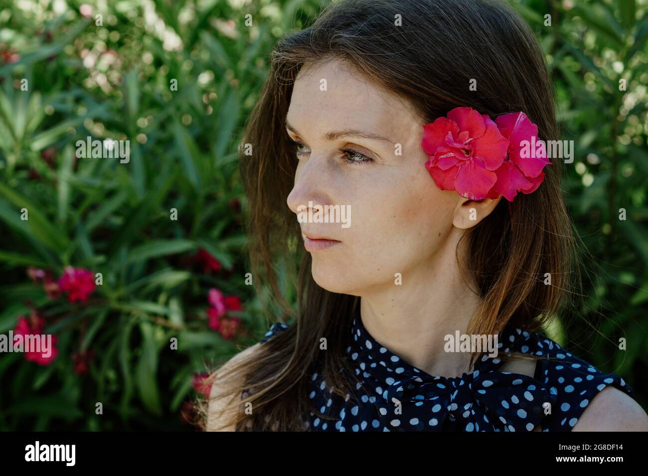 Profilo di una bella donna spagnola con fiori nei capelli Foto Stock