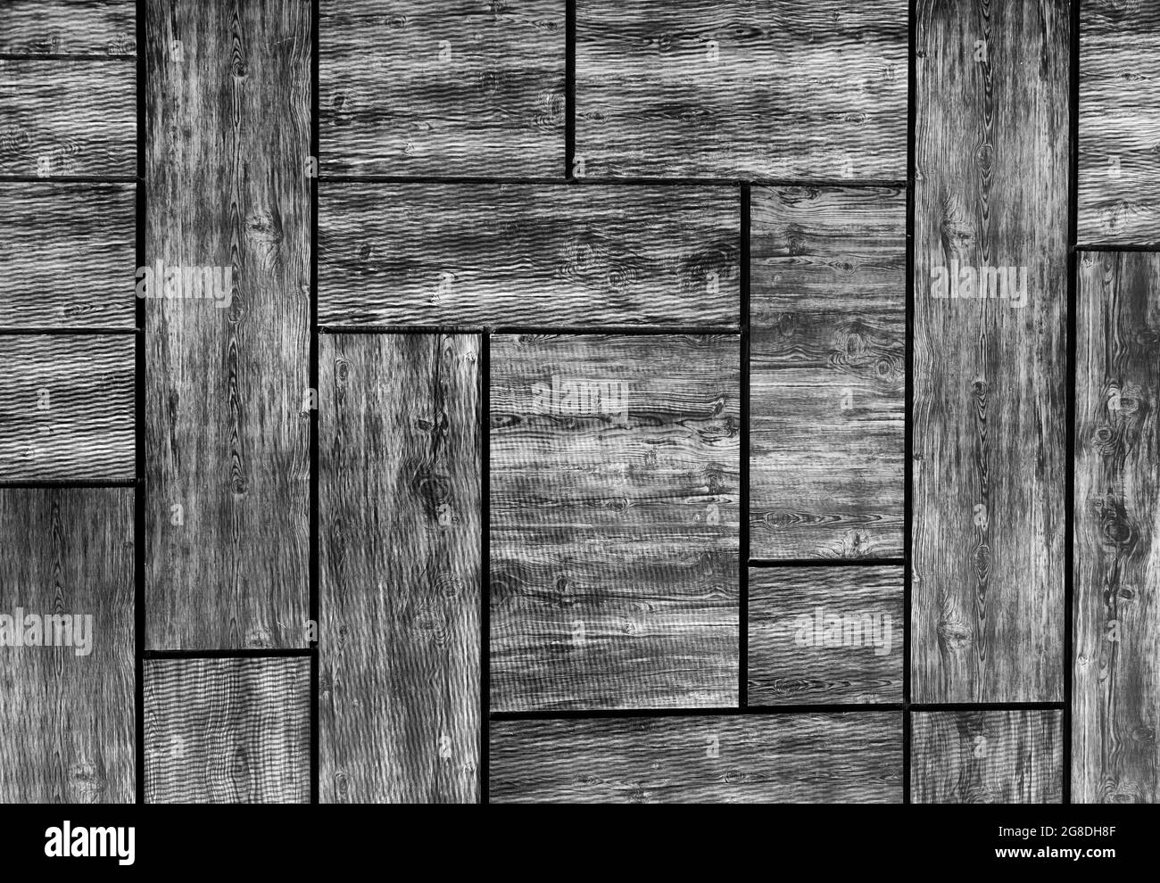 La struttura dell'albero. Foto in bianco e nero, texture, pattern. Sfondo di legno. Un'astrazione di piastrelle e linee irregolari. Foto Stock