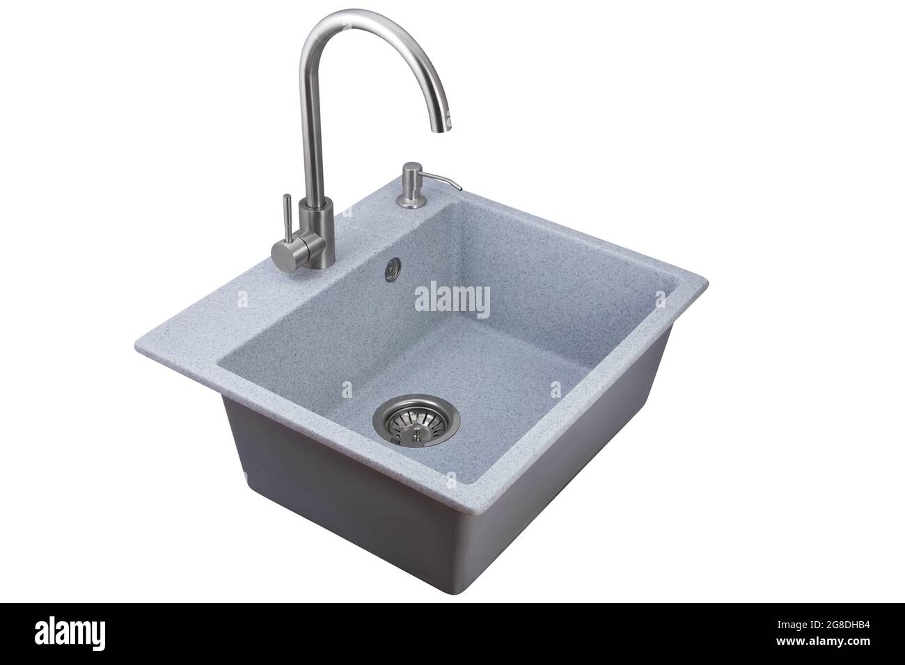 Lavello in pietra artificiale turchese con rubinetto isolato su sfondo bianco. Foto Stock
