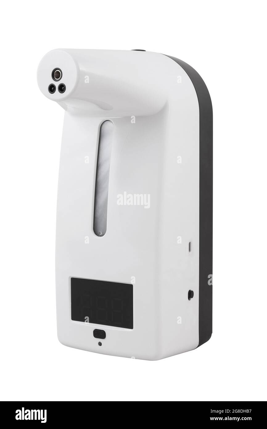 Dispenser per igienizzatore manuale con sensore di temperatura e schermo isolato su sfondo bianco, vista laterale. Dispenser automatico di alcool. Foto Stock