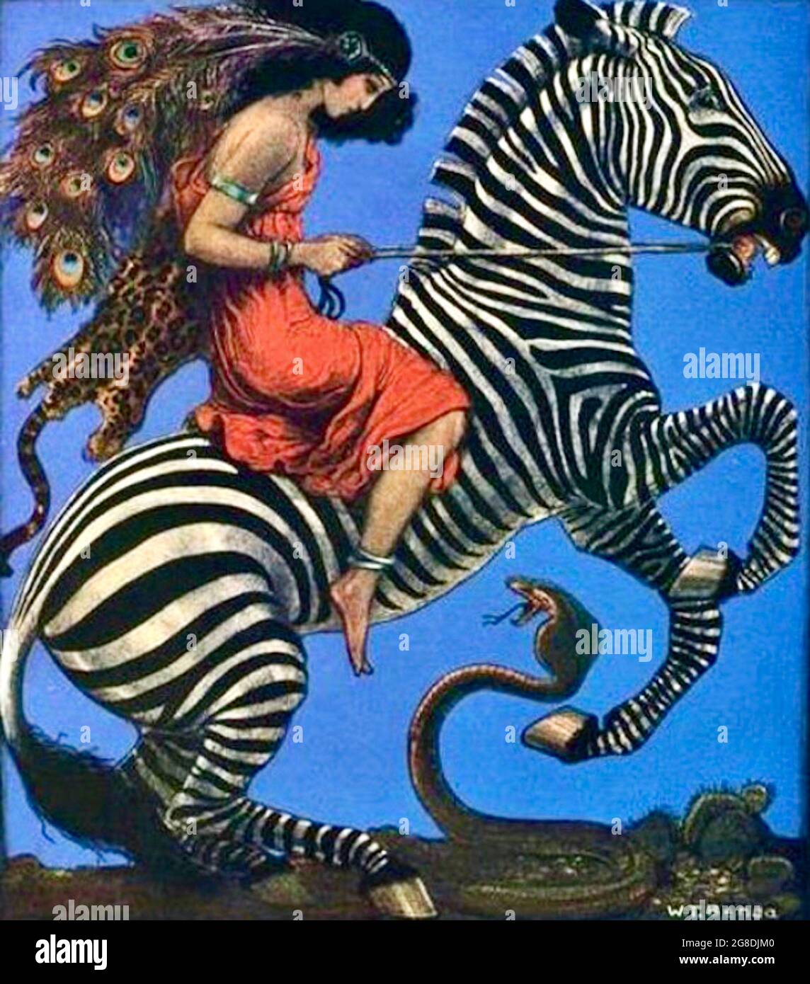 Władysław Teodor Benda - copertina della rivista Life raffigurante una donna che cavalcava una zebra filata da un serpente di cobra. La motociclista ha piume di pavone nei capelli. Foto Stock
