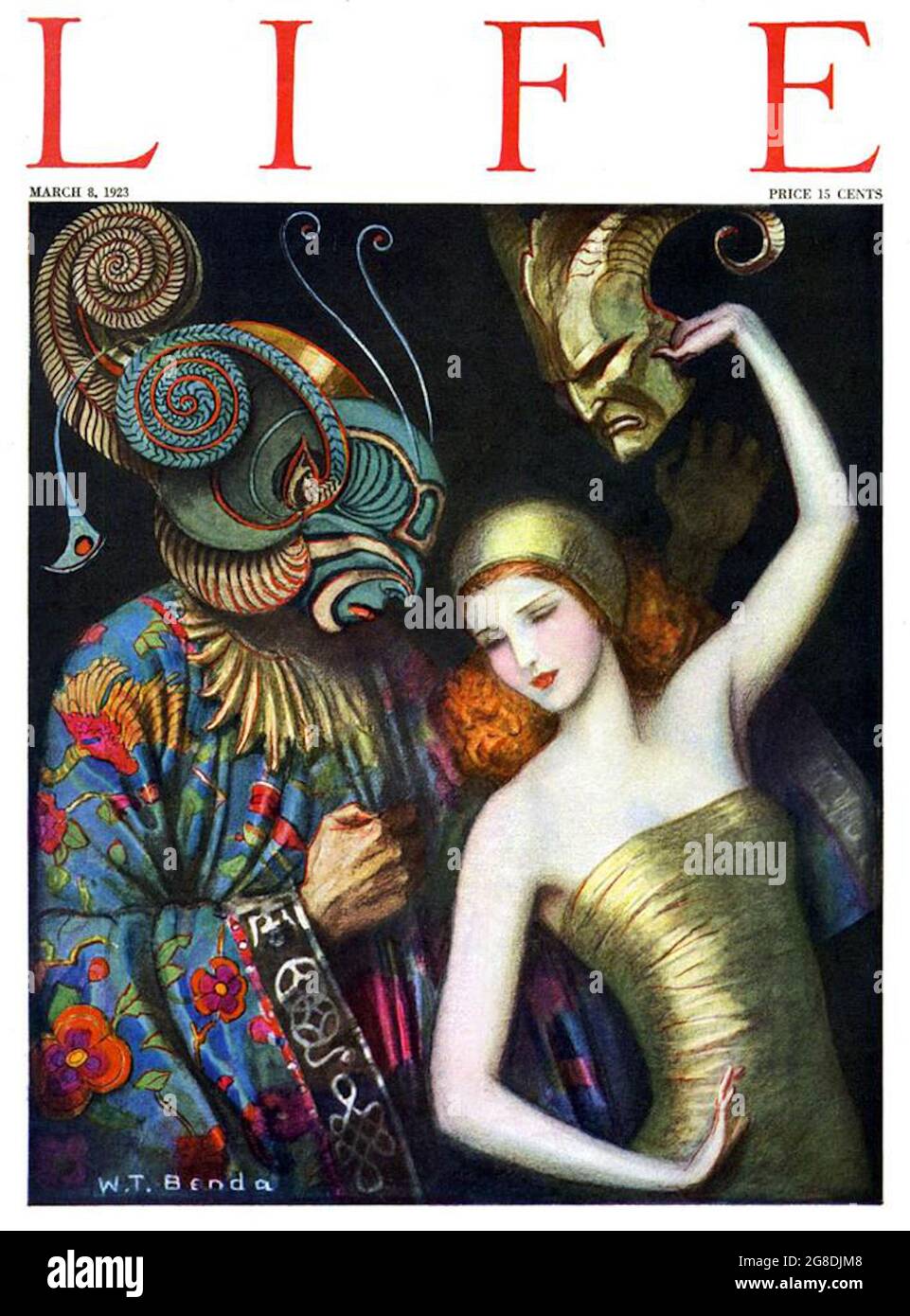 Władysław Teodor Benda - disegno di copertina di Life Magazine. L'uomo mascherato vestito in modo flambigente interagisce con una donna che tiene in mano una maschera. Foto Stock