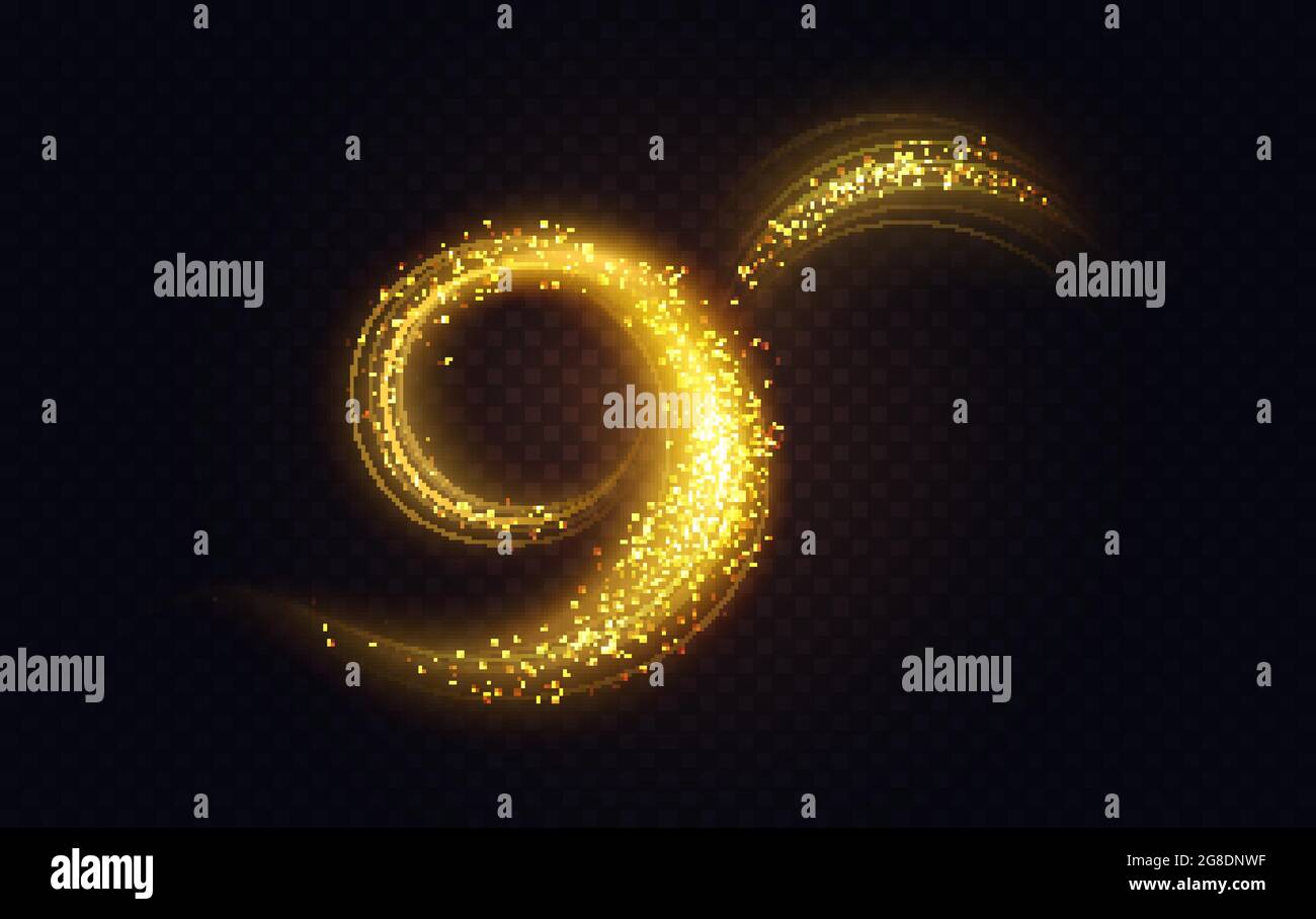 Forma della turbolenza luminosa dorata, illustrazione vettoriale astratta dell'effetto luminoso. Lussuoso e scintillante percorso al neon di stelle volanti, spirali dorate magiche e brillanti, movimento scintillante su sfondo nero trasparente Illustrazione Vettoriale