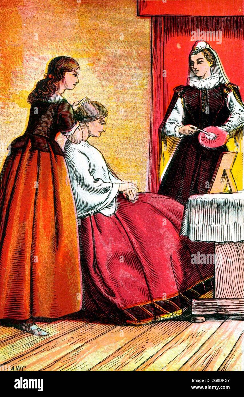 Cenerentola vestendo le sue sorelle, un'incisione colorata del 1890 Foto Stock