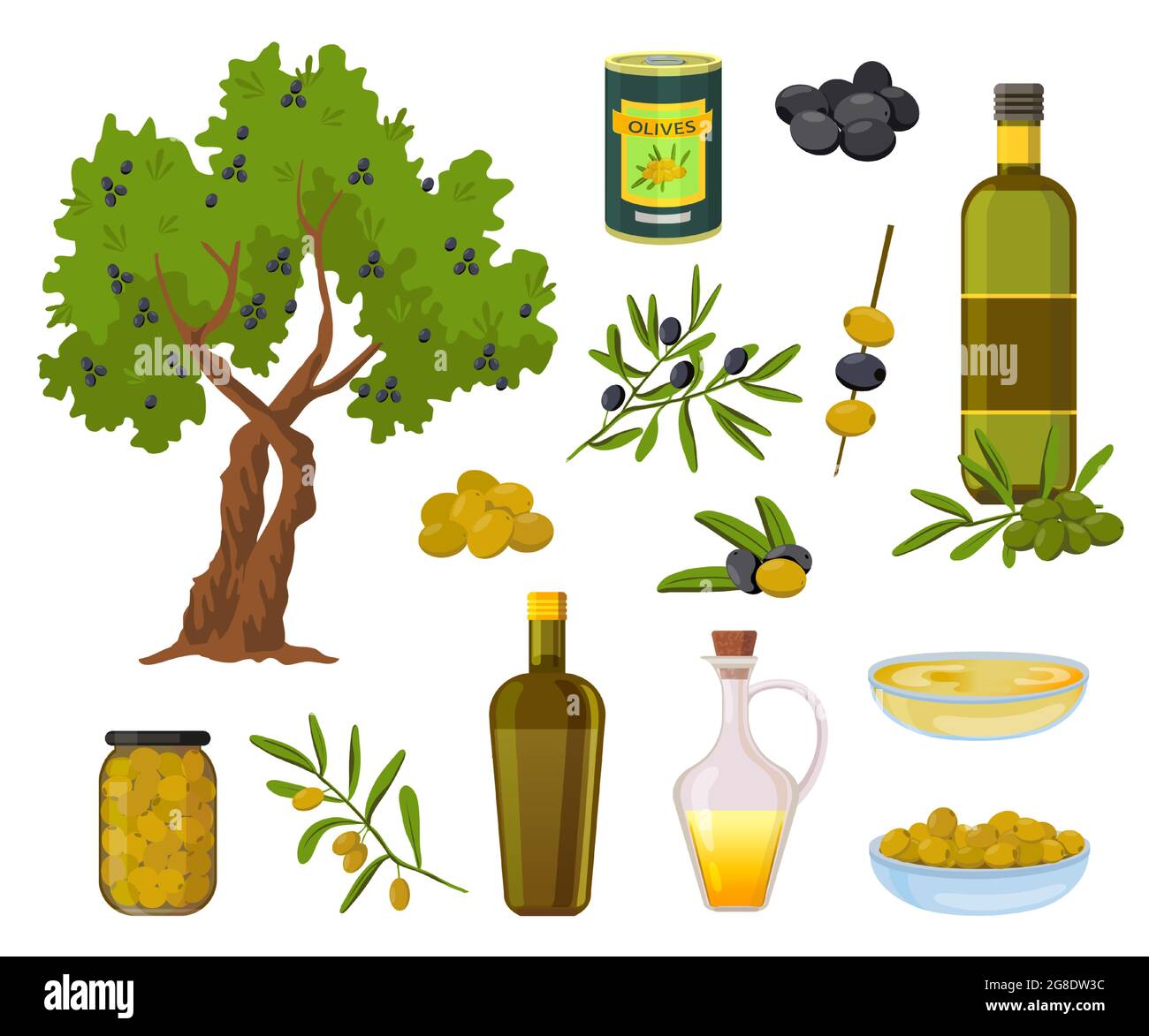 Prodotti a base di olive cartoni animati. Olive nere e verdi in vasi, olio vergine sano in bottiglie e ciotola. Olivo e ramo con foglie vettore set Illustrazione Vettoriale