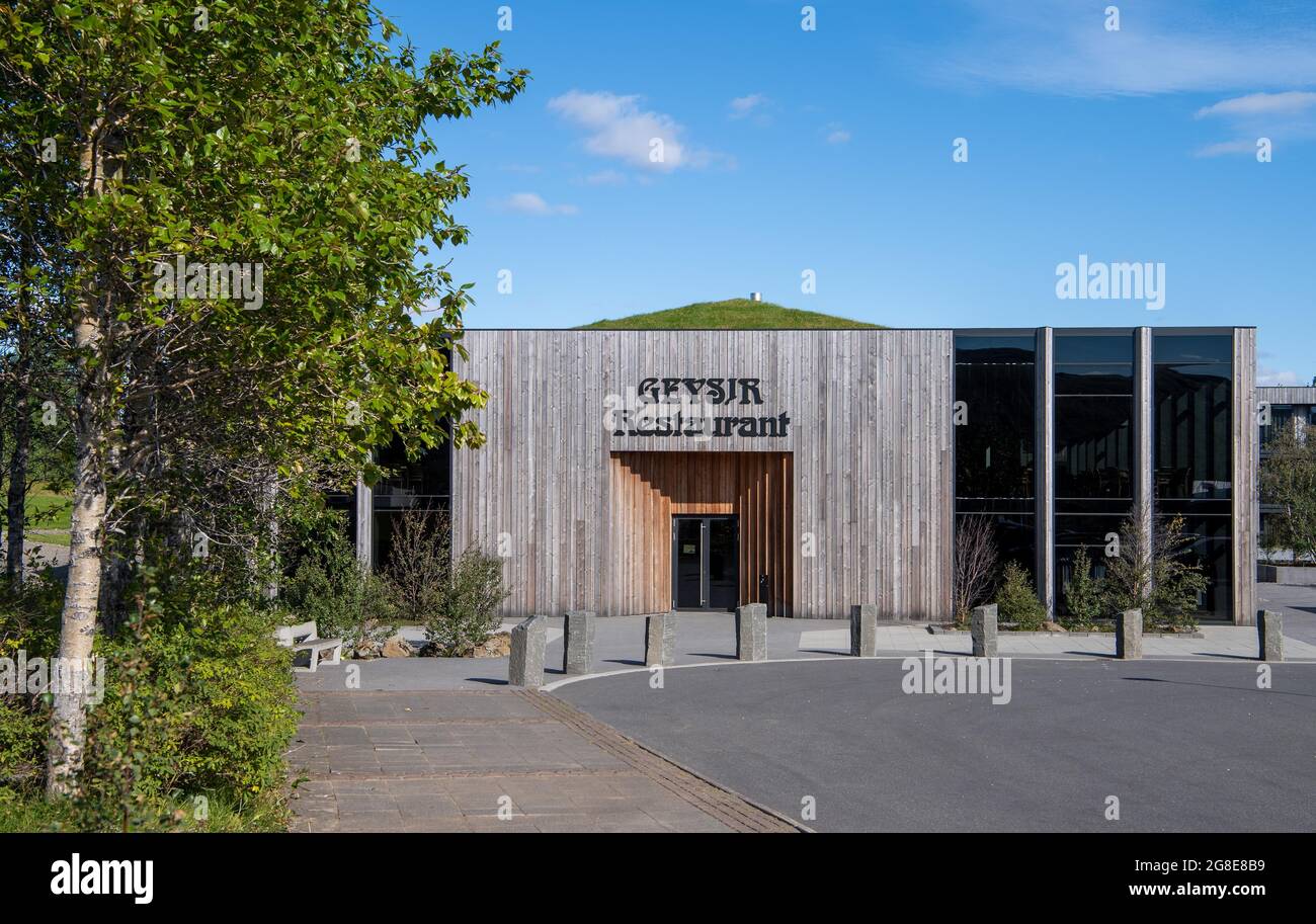 Ristorante Geysir, zona geotermica Haukadalur, Geysir, Islanda Foto Stock