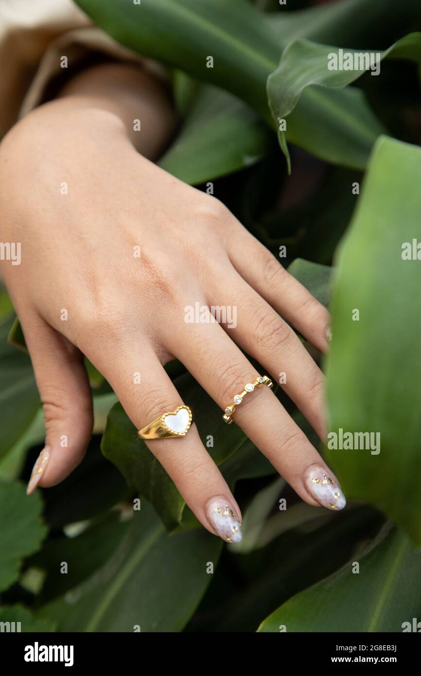 mano di una persona che indossa anelli d'oro, gioielli moderni sullo sfondo  varie foglie, la natura e la moda in studio Foto stock - Alamy