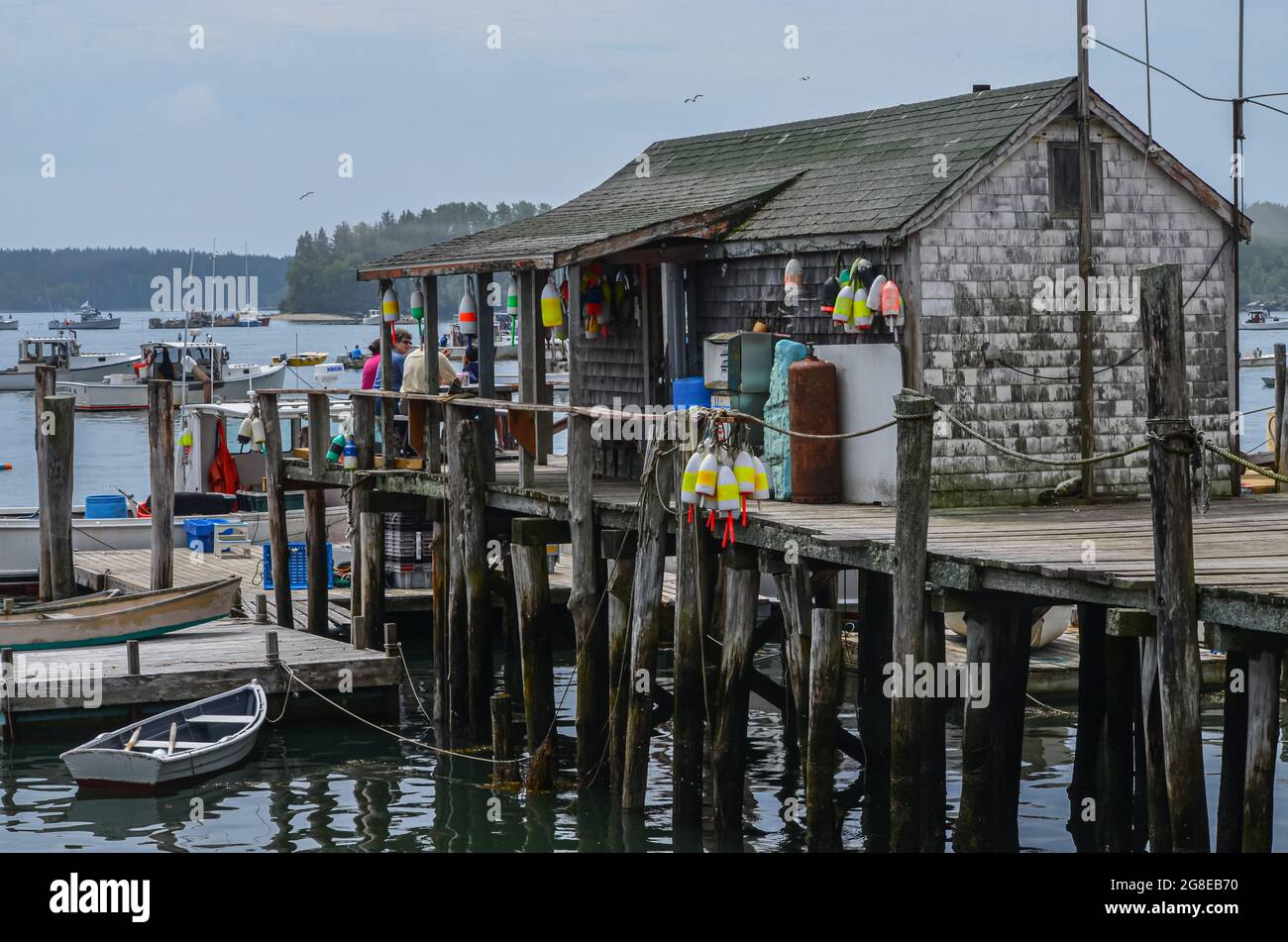 Un vecchio negozio sulla cima di un molo alto. L'altezza del molo indica l'estremo raggio di marea che si trova nel porto di Friendship, Maine. Foto Stock