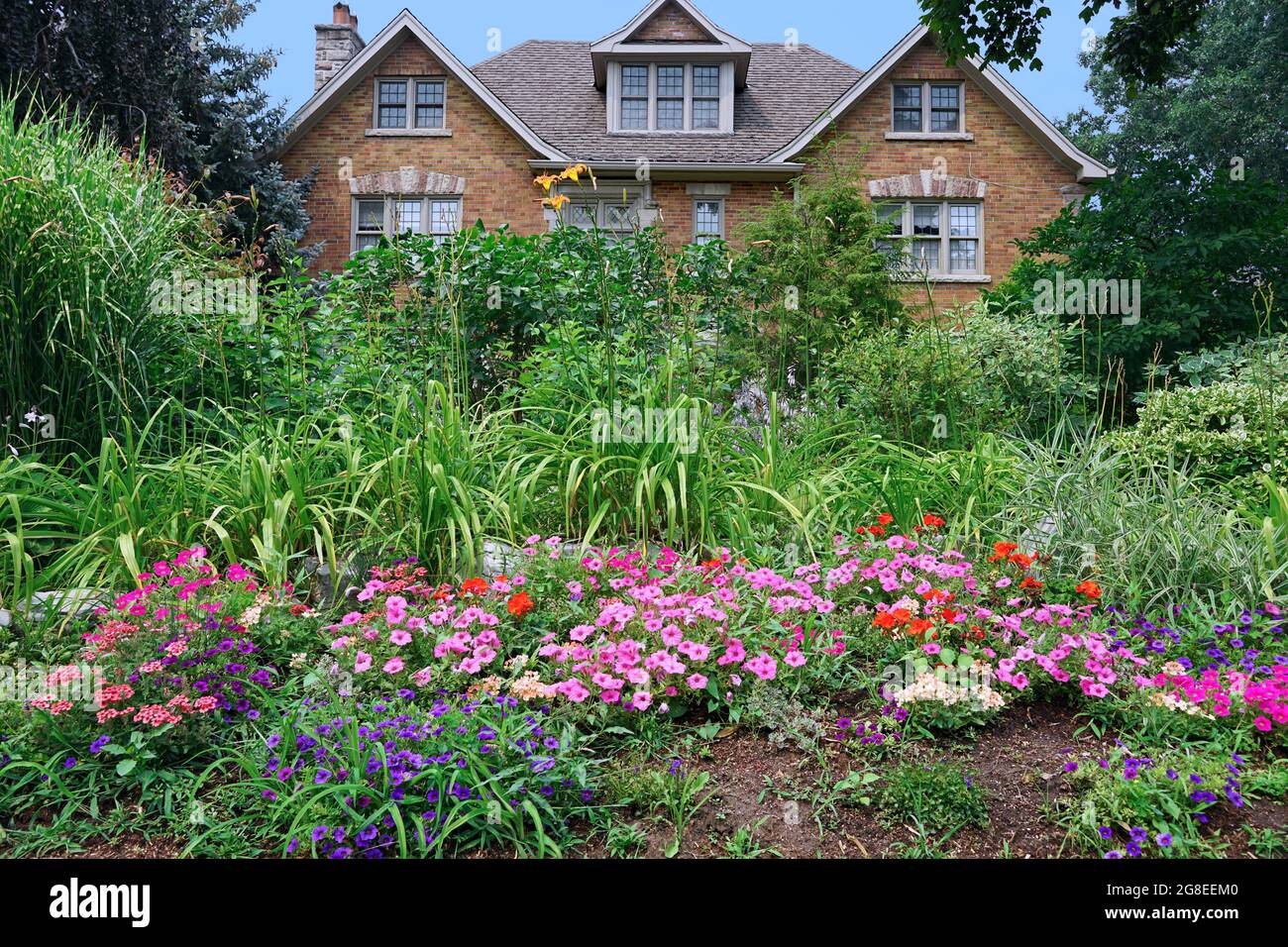 Lussureggiante giardino di fronte alla casa con una profusione di canne verdi e fiori colorati Foto Stock