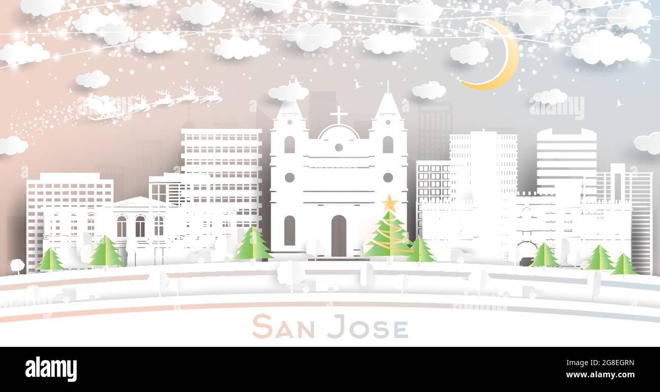 San Jose Costa Rica skyline della città in stile taglio di carta con fiocchi di neve, Luna e Neon Garland. Illustrazione vettoriale. Natale e Capodanno. Santa Illustrazione Vettoriale