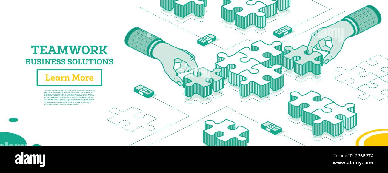 Concetto di lavoro di squadra. Mani tenere pezzi di Puzzle e provare a collegarlo. Illustrazione vettoriale. Delineare il concetto isometrico. Soluzione aziendale. Infografica. Illustrazione Vettoriale