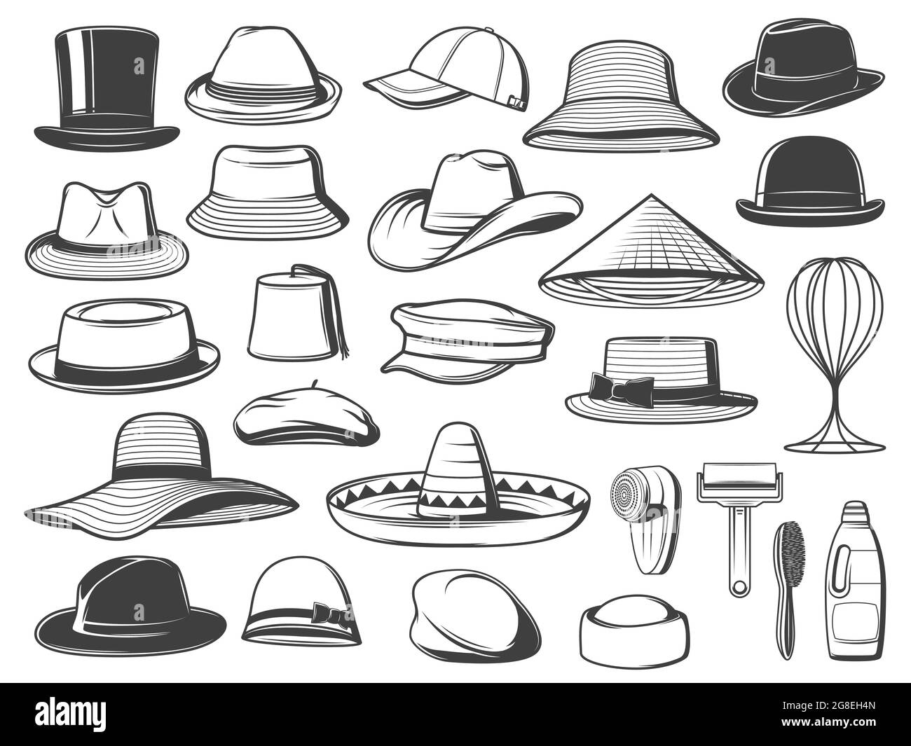 Cappelli, berretti e panamas per uomo e donna. Vector top Hat, Trilby e sombrero, homburg, secchio e cowboy, asiatico, fez e boater, basket, bretone e f Illustrazione Vettoriale