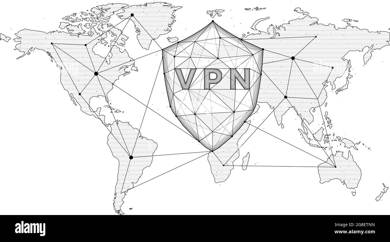 Illustrazione vettoriale poligonale della rete privata virtuale, schermo con vpn e mappa mondiale, concetto di protezione dei dati utente in tutto il mondo. Illustrazione Vettoriale