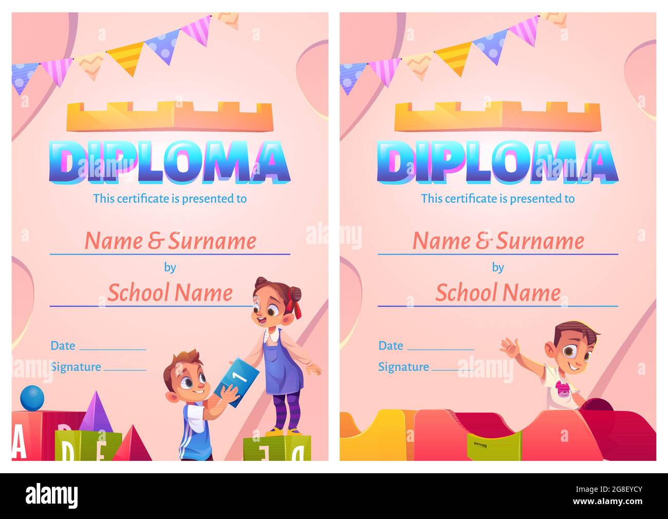 Diploma di bambino, certificato cartoon con bambini Illustrazione Vettoriale