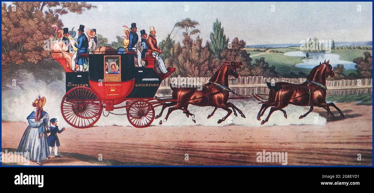 Un'illustrazione a colori vittoriana che mostra una popolare diligenza dell'epoca, la 'RD ROVER' da Londra a Southampton che chiama a Kingston e Guildford Foto Stock