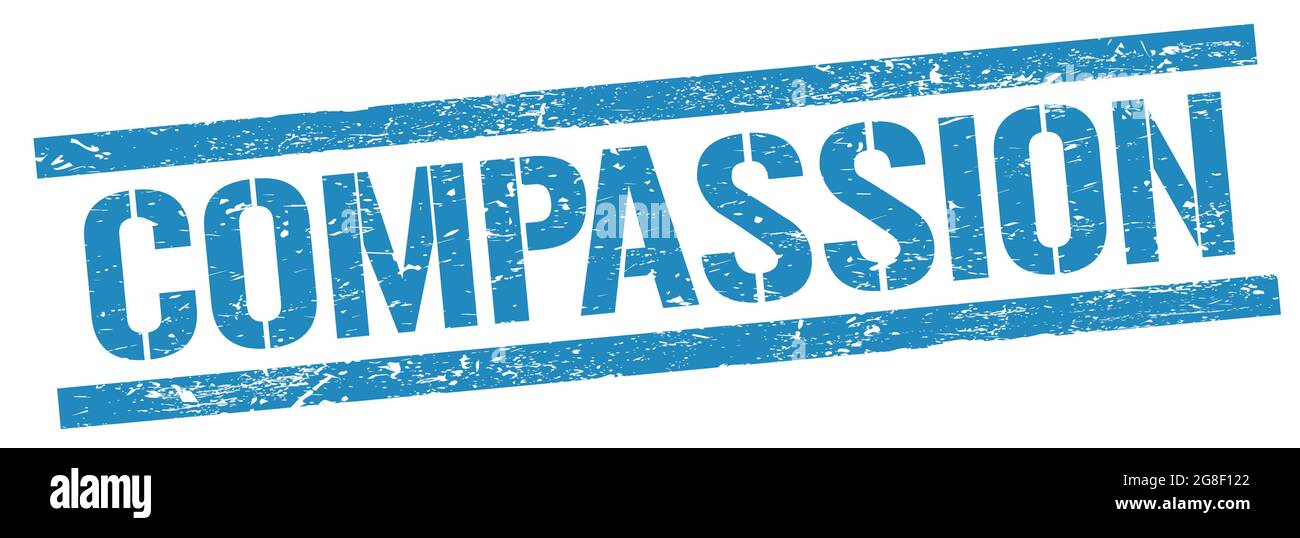 Testo COMPASSIONE sul segno di timbro rettangolare blu. Foto Stock