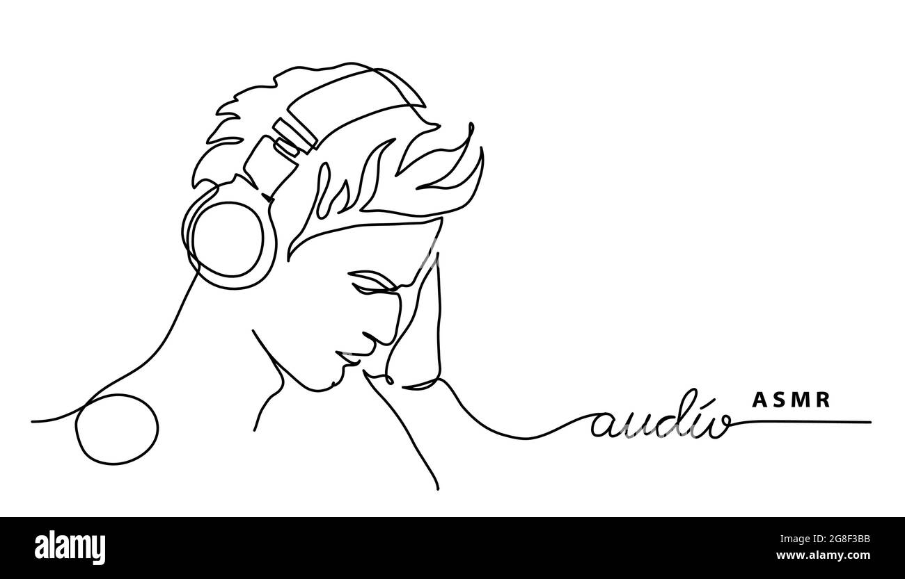 Uomo, ragazzo in cuffia semplice vettore banner, poster, sfondo. Concetto ASMR. Un disegno a linea continua con correzione audio del testo Illustrazione Vettoriale