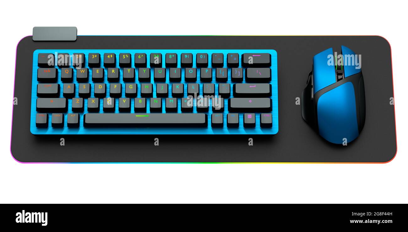 Tastiera e mouse per computer su pad professionale isolati su sfondo bianco. Rendering 3D del sistema di streaming e concetto di spazio di lavoro dei videogamer Foto Stock