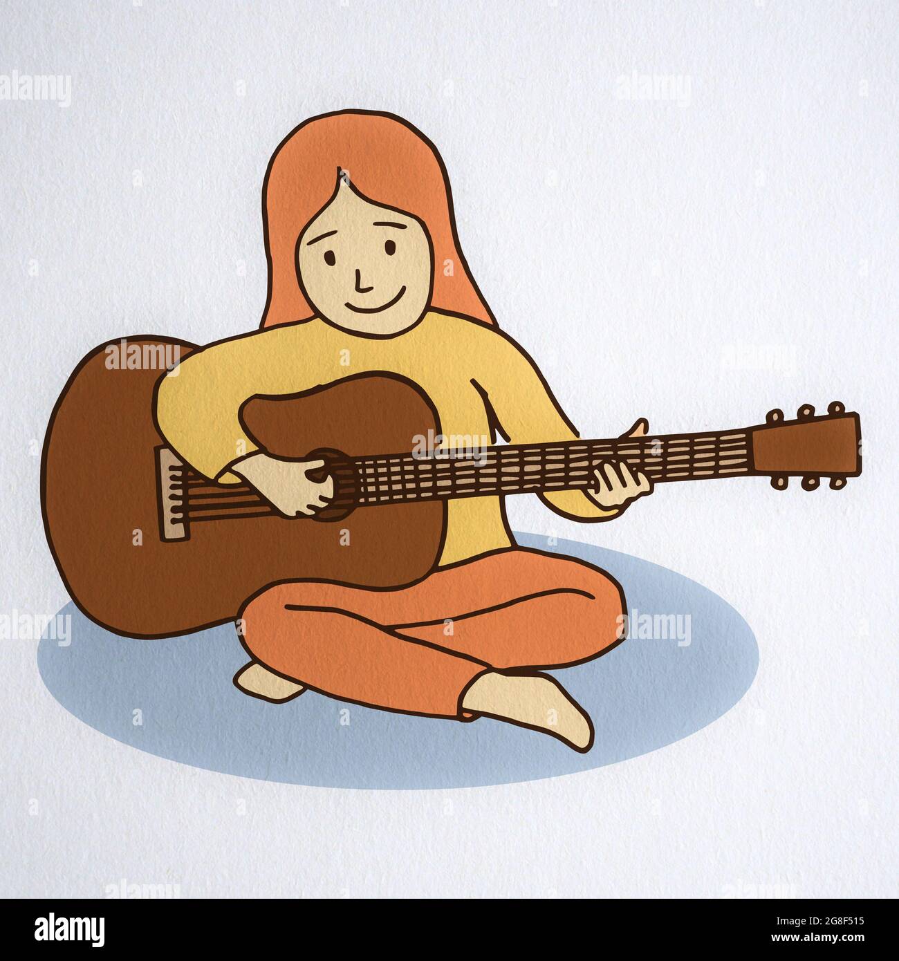 Simpatico cartoon illustrazione di una giovane ragazza che suona la chitarra seduta con le gambe incrociate Foto Stock