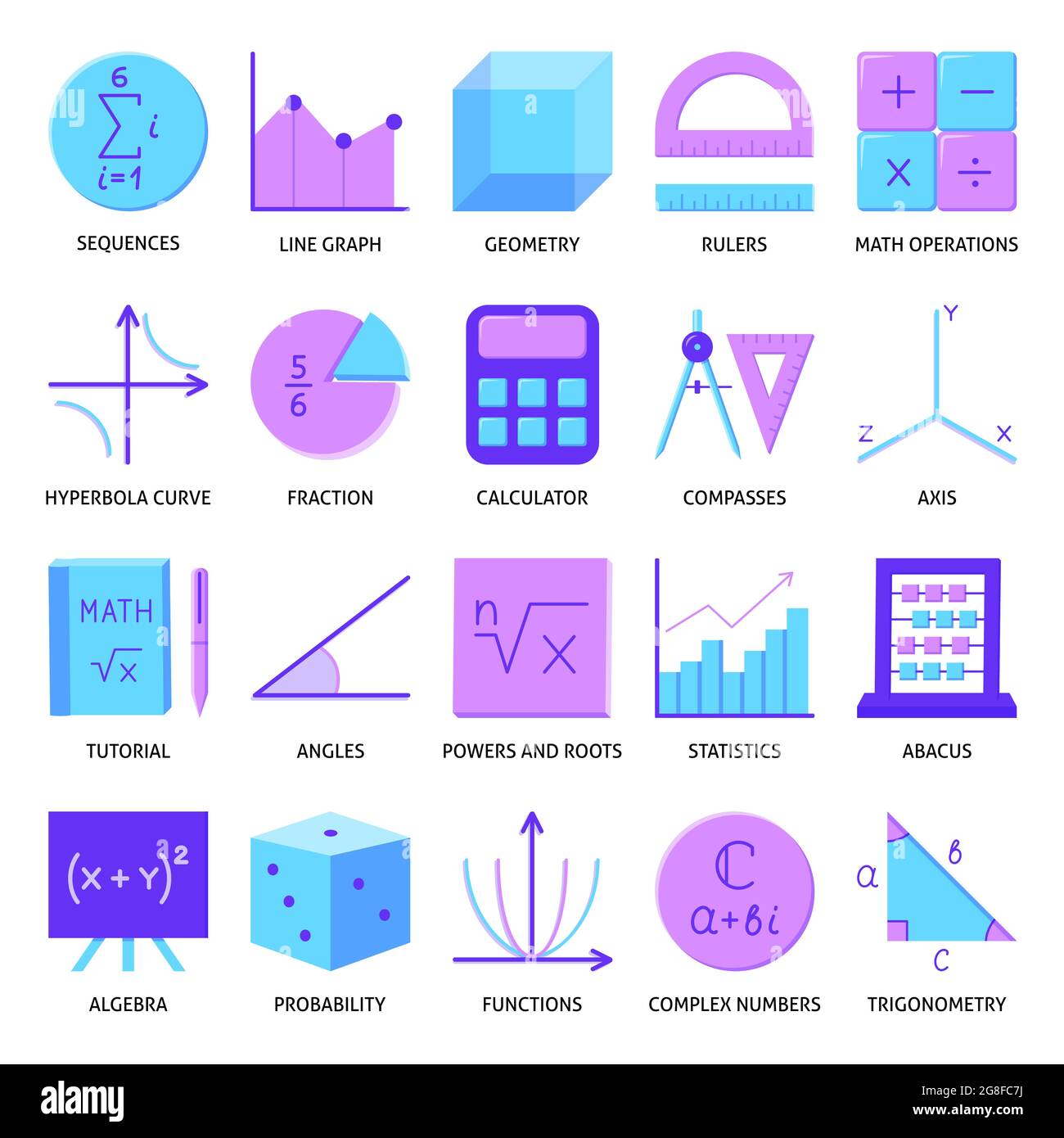 Icona matematica in stile piatto. Collezione di simboli matematici ed espressioni. Illustrazione vettoriale. Illustrazione Vettoriale