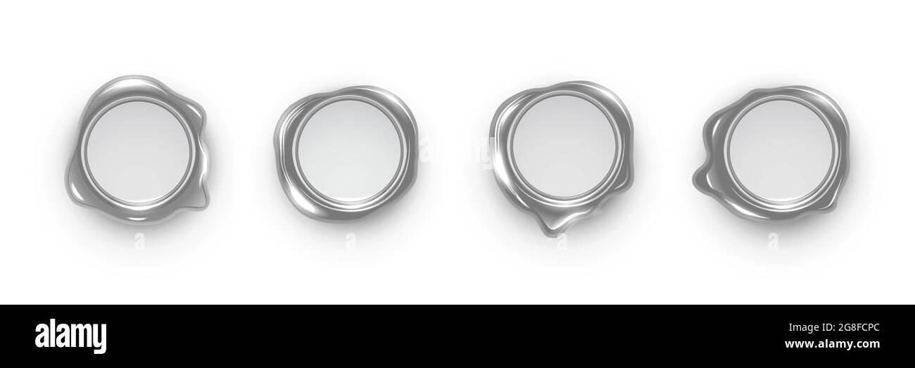 Set di guarnizioni in cera d'argento isolate su sfondo bianco. Francobolli vintage in metallo. Elementi di disegno vettoriali Illustrazione Vettoriale