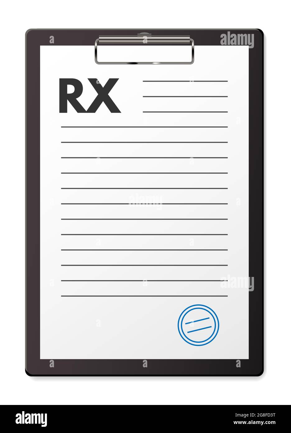 Tampone di prescrizione medica RX. Appunti cartacei per il referto e le prescrizioni per le illustrazioni vettoriali dei pazienti. Documento ospedaliero o clinico su tablet Illustrazione Vettoriale