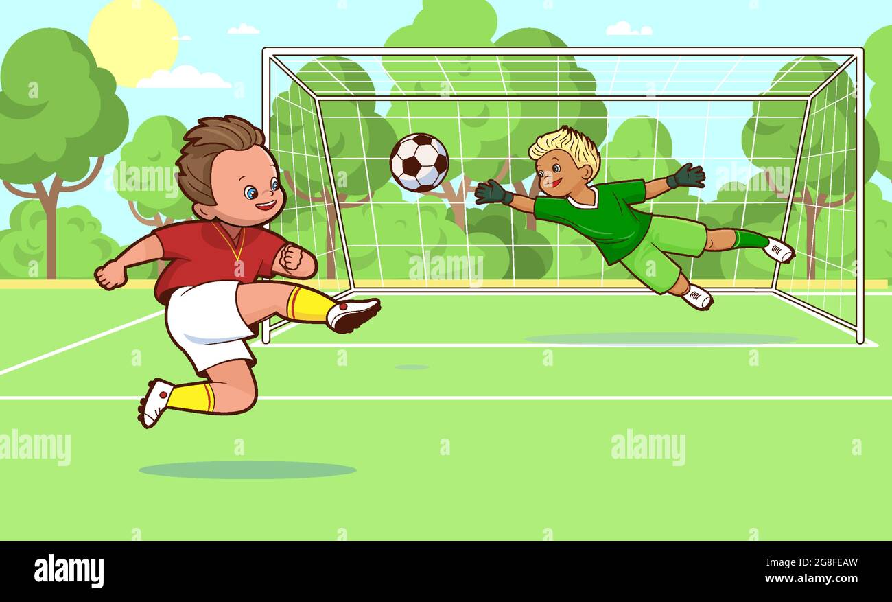 Due giocatori di calcio che giocano a calcio sul campo, segnando un goal .Vector cartoon illustrazione per i bambini su un tema sportivo per i bambini Illustrazione Vettoriale