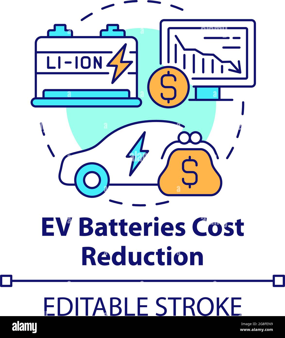 Icona del concetto di riduzione dei costi delle batterie dei veicoli elettrici. Illustrazione Vettoriale