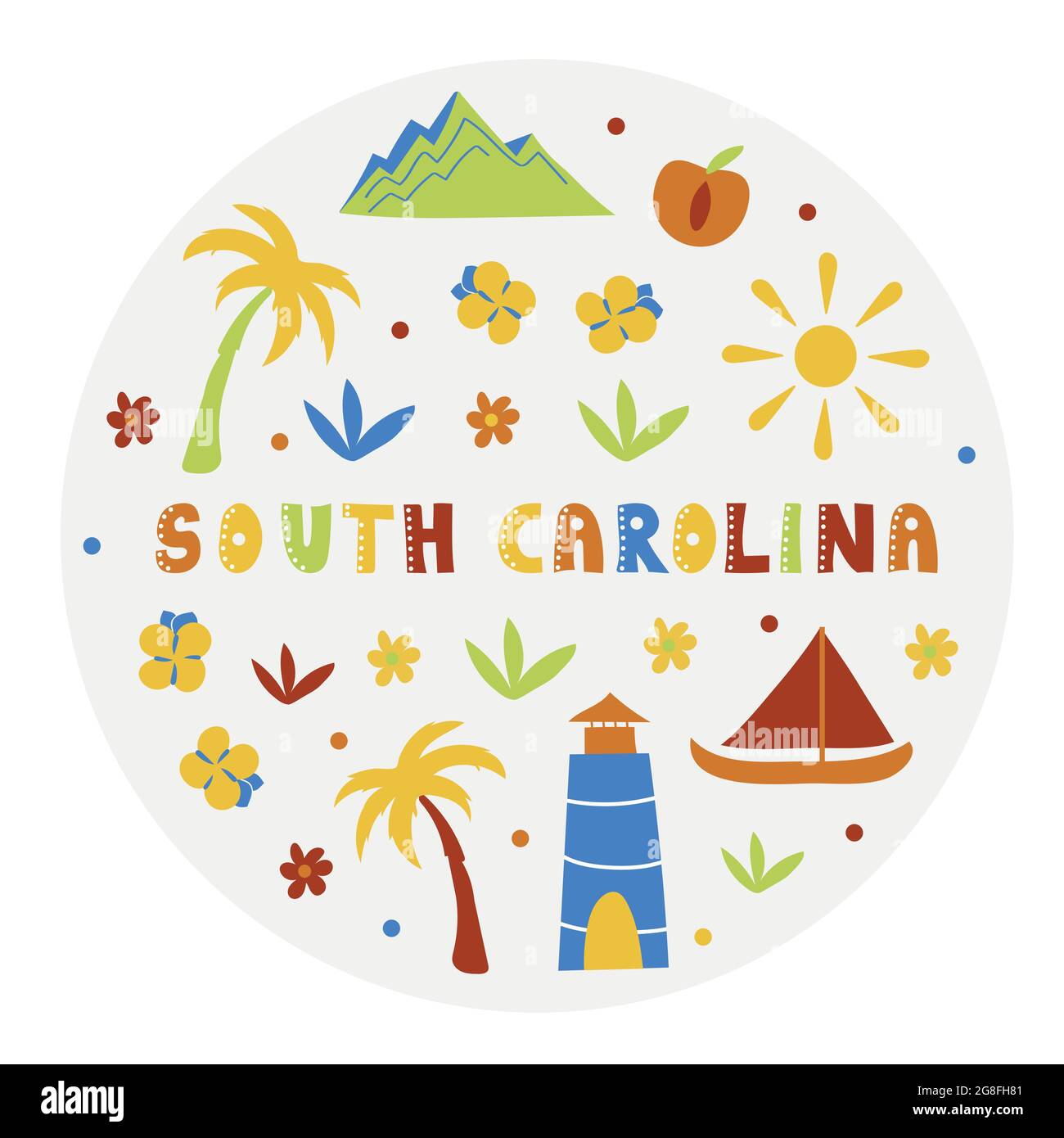 Collezione USA. Illustrazione vettoriale della Carolina del Sud. Simboli di stato - forma rotonda Illustrazione Vettoriale