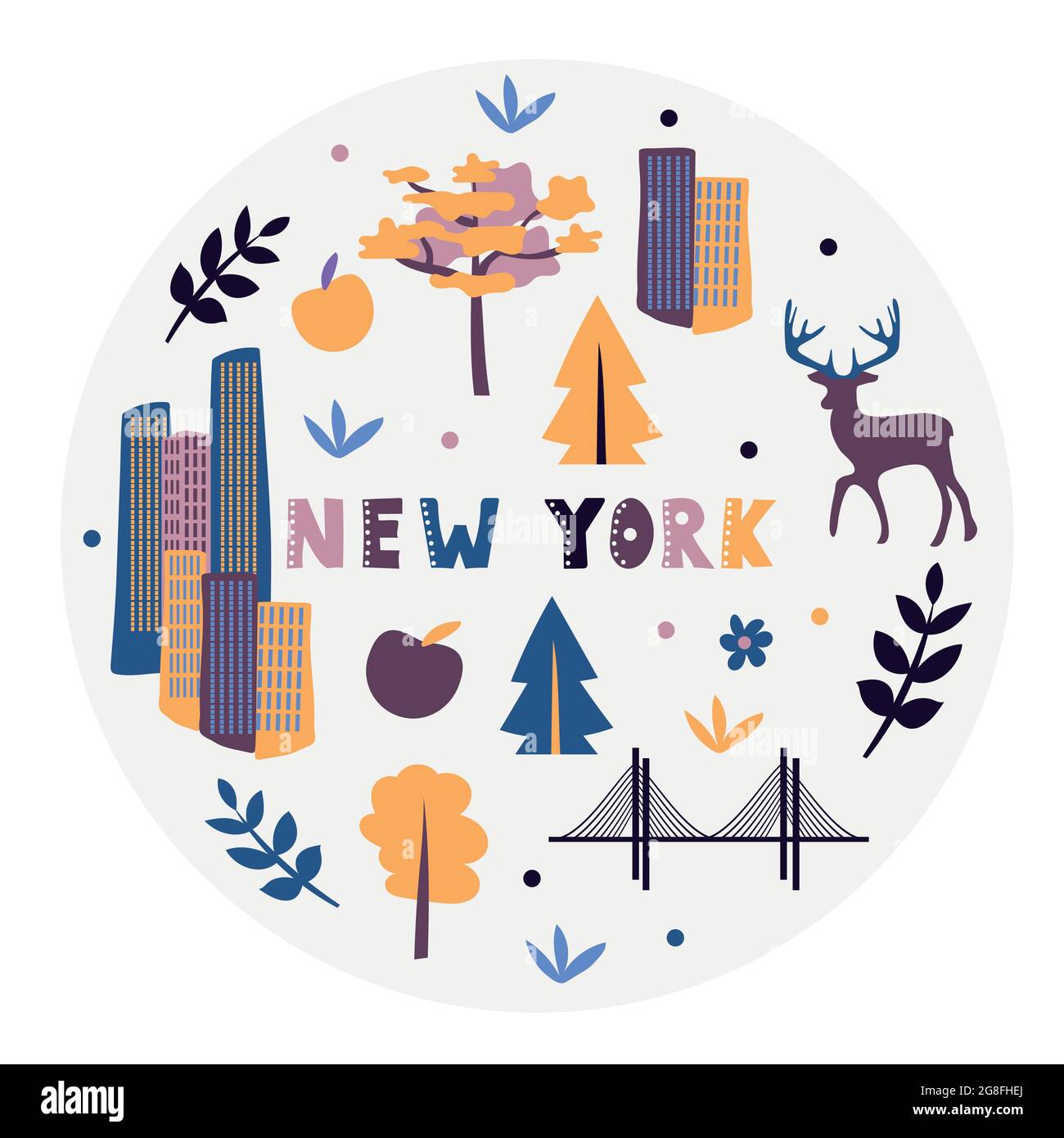 Collezione USA. Illustrazione vettoriale di New York. Simboli di stato - forma rotonda Illustrazione Vettoriale