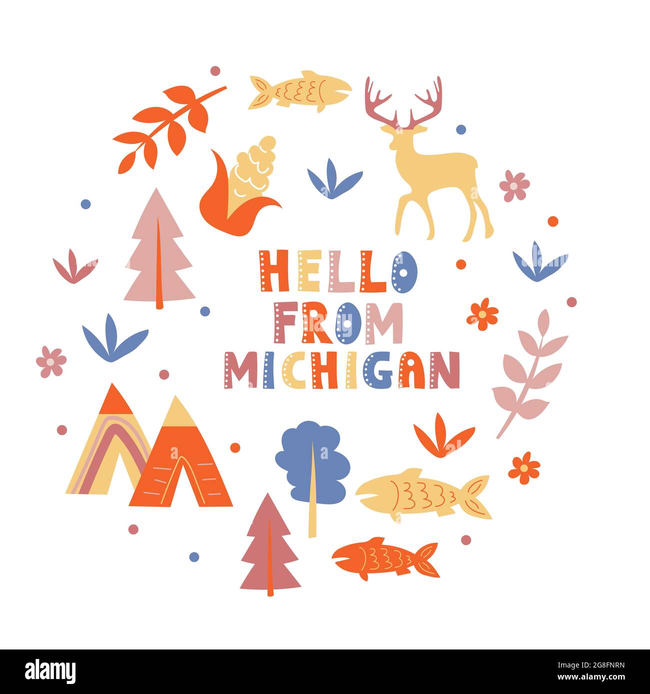 Mappa illustrata dello stato del Michigan negli Stati Uniti con simboli di stato. Ciao da - scheda. Illustrazione vettoriale modificabile Illustrazione Vettoriale