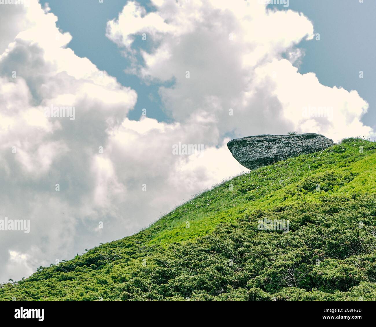 Un'imponente roccia in attesa di guidare attraverso l'erba verde Foto Stock