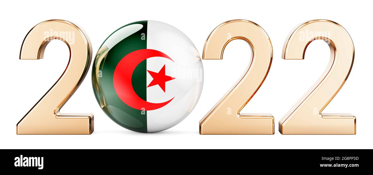 2022 con bandiera algerina, rendering 3D isolato su sfondo bianco Foto Stock