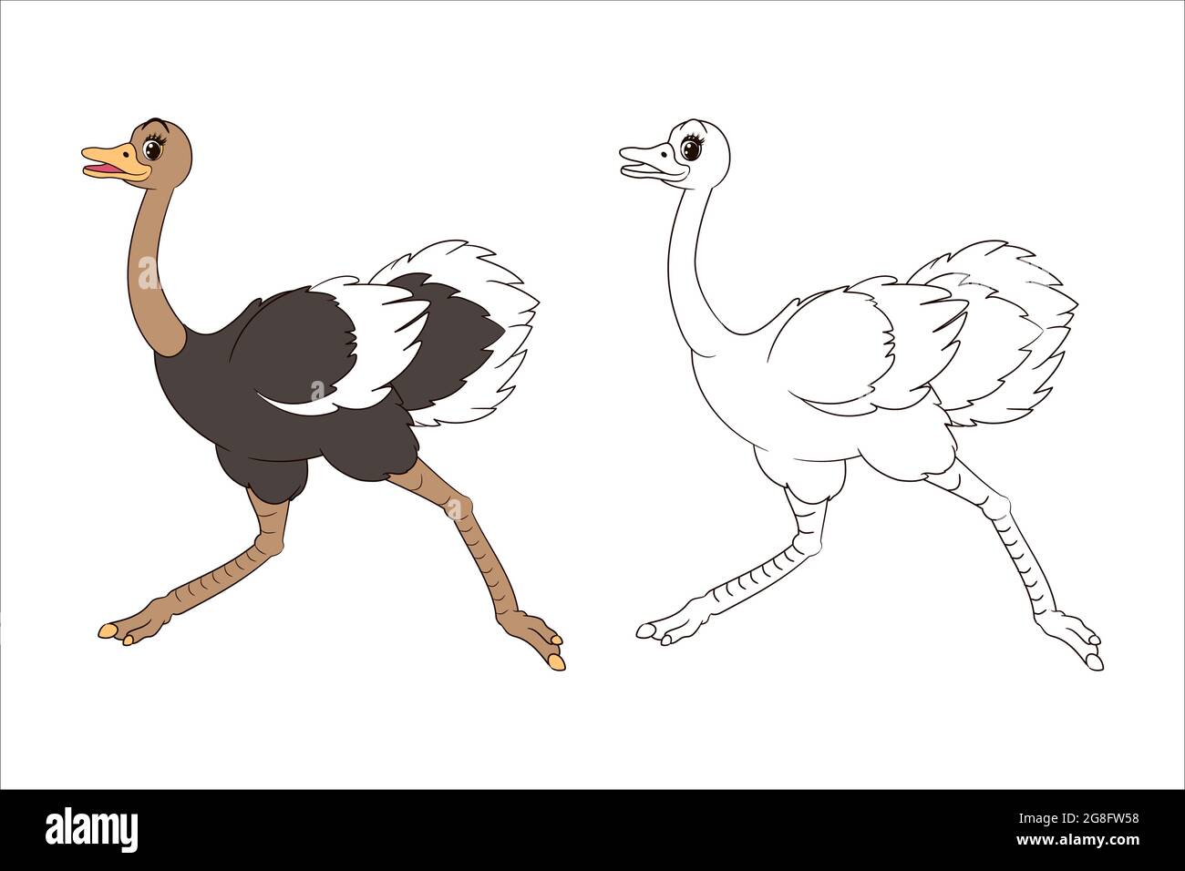 libro da colorare di struzzo carino a gambe lunghe per bambini. Illustrazione grafica vettoriale isolata, in stile cartoon Illustrazione Vettoriale