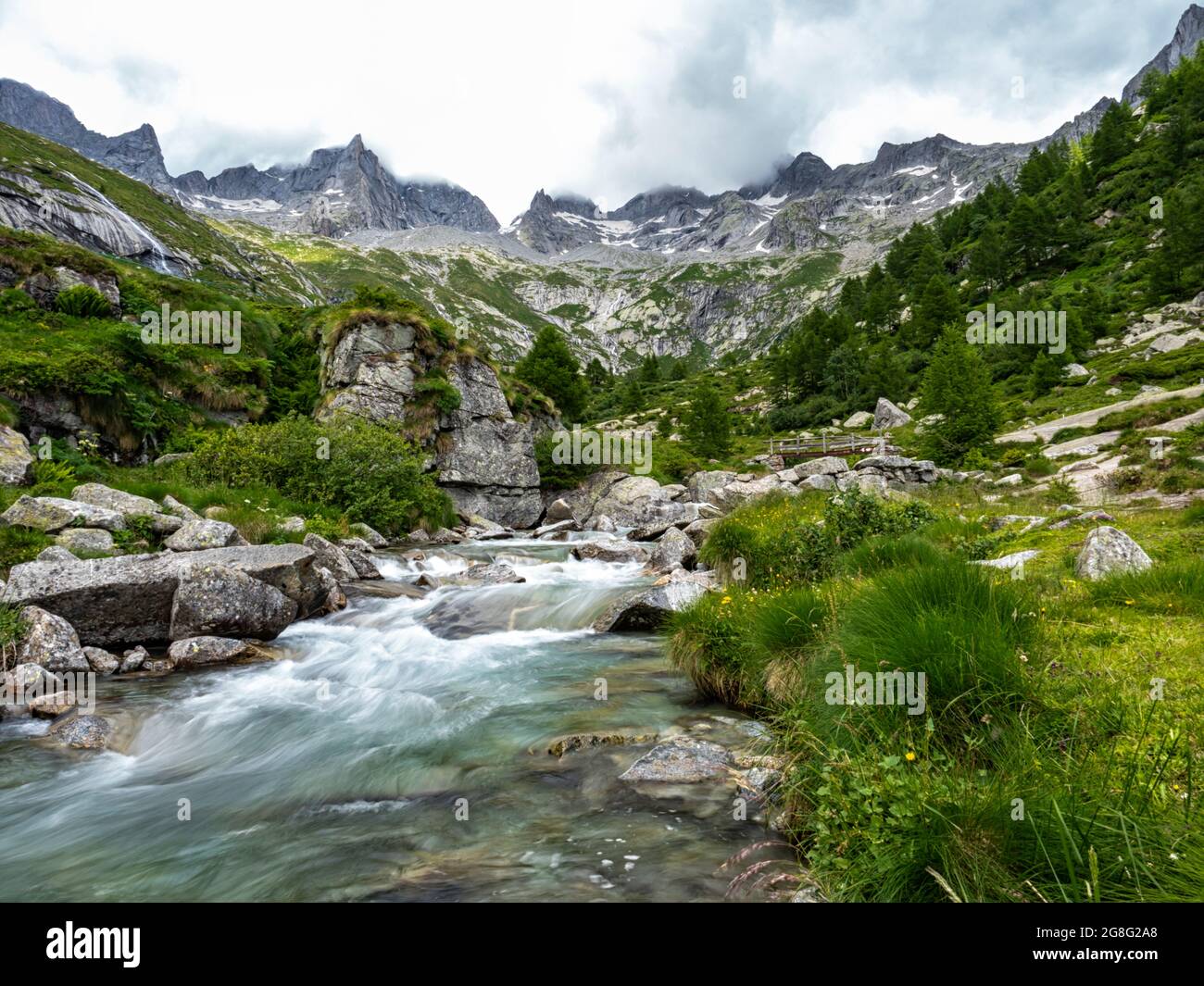 Valle alpina in Val Masino Foto Stock