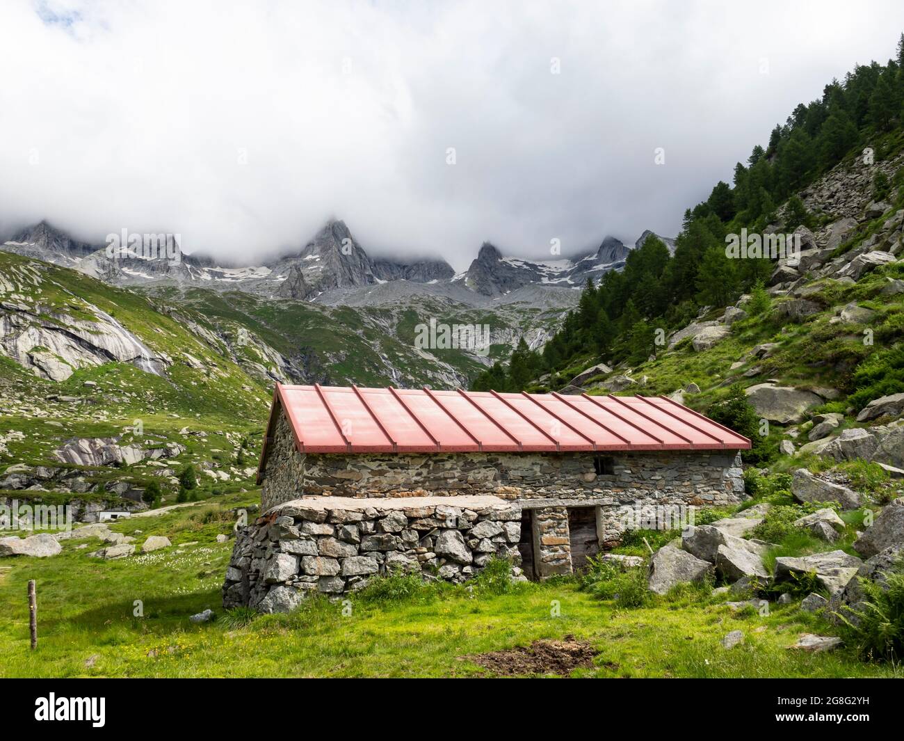 Valle alpina in Val Masino Foto Stock
