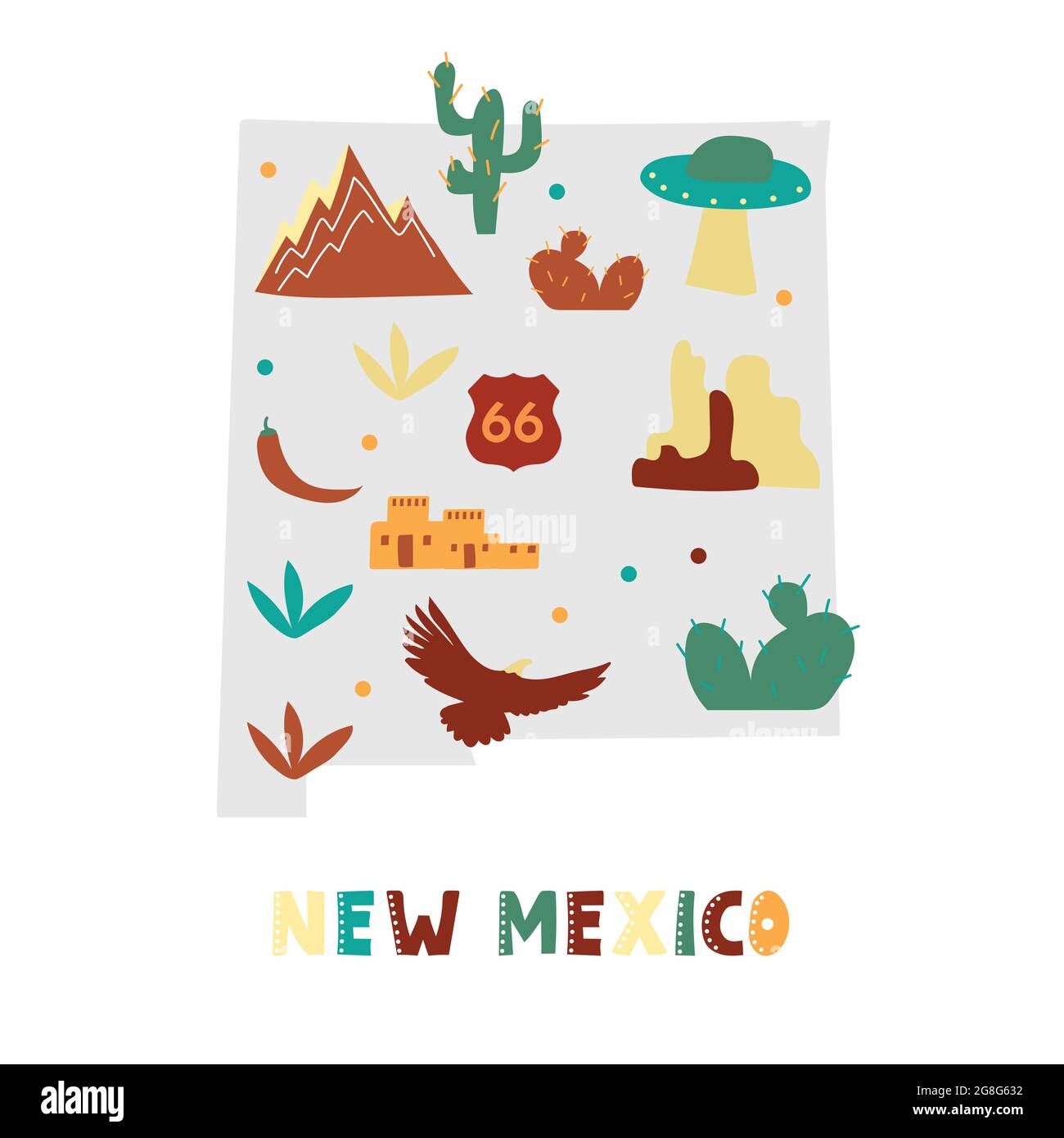 USA mappa raccolta. Simboli di stato e natura sulla silhouette grigia dello stato - New Mexico. Cartone animato stile semplice per la stampa Illustrazione Vettoriale