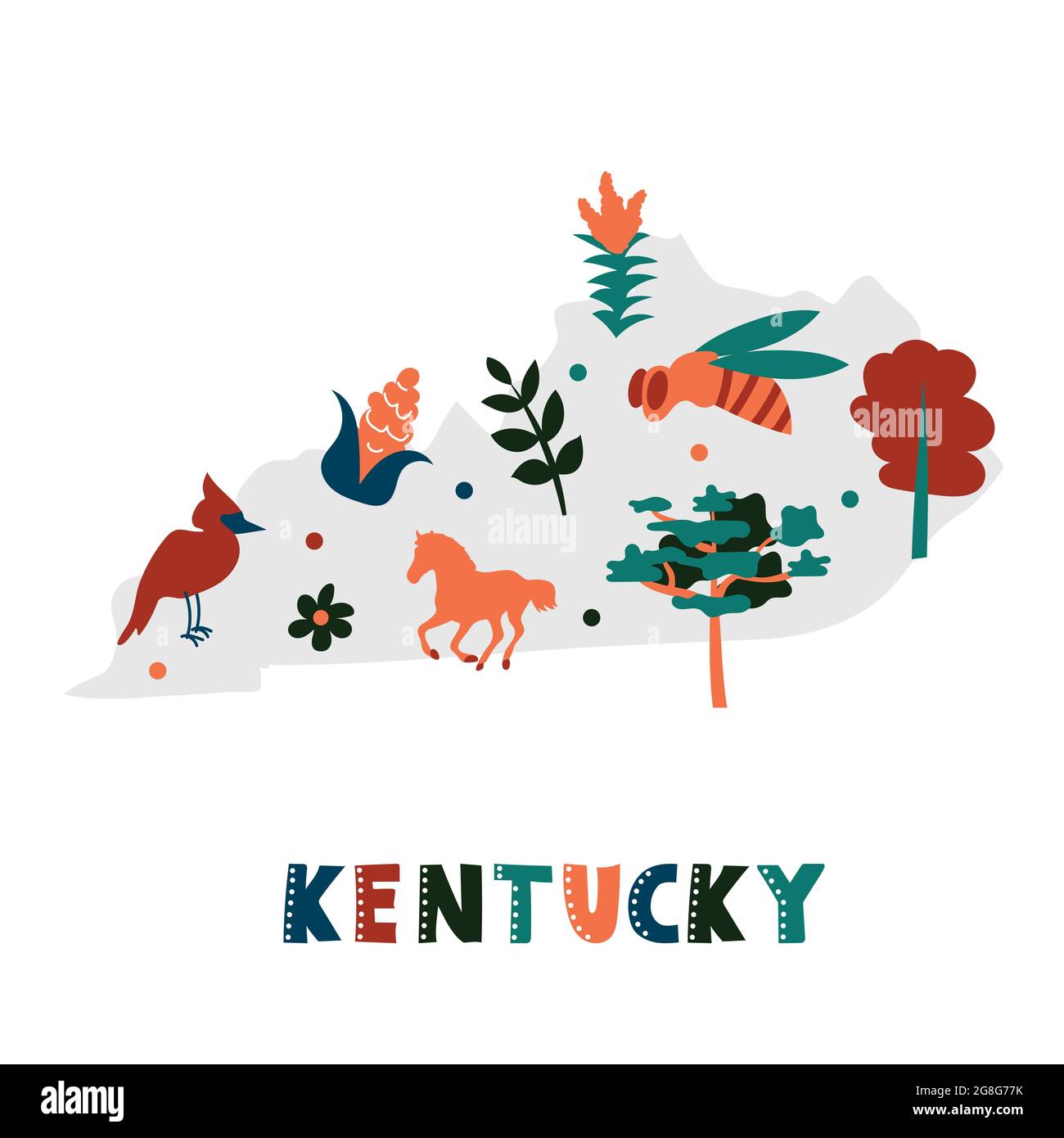 USA mappa raccolta. Simboli di stato e natura sulla silhouette grigia dello stato - Kentucky. Cartone animato stile semplice per la stampa Illustrazione Vettoriale