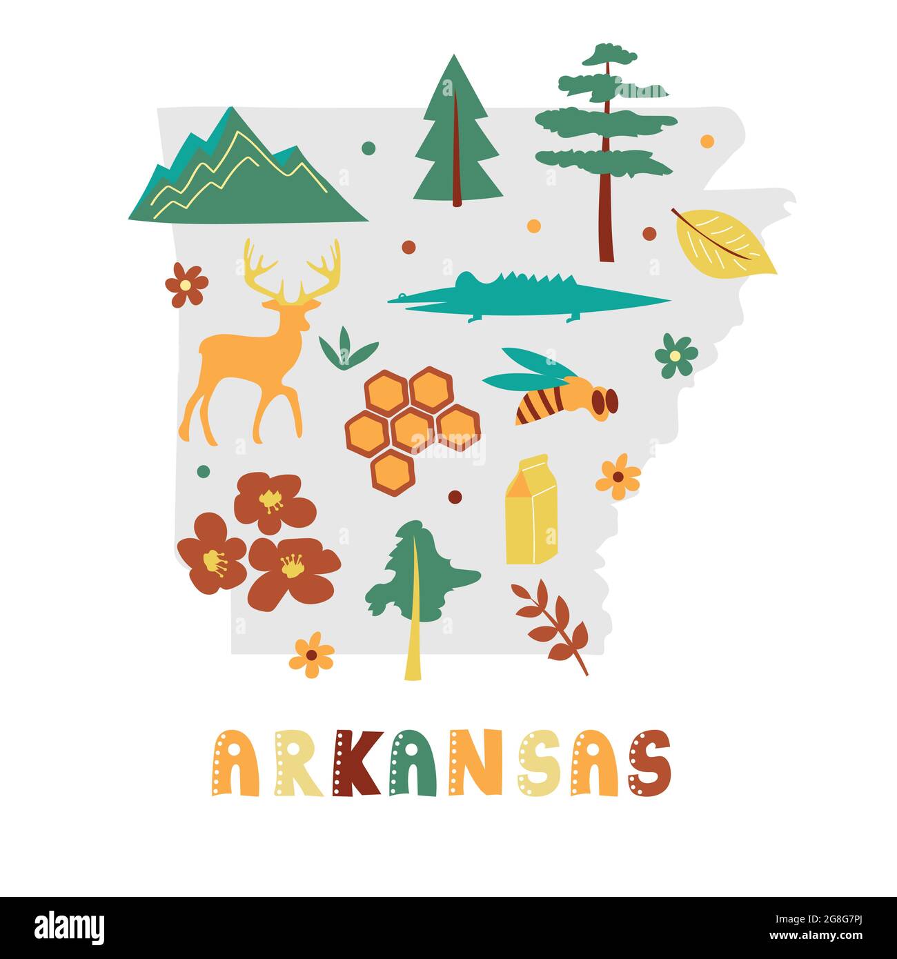 USA mappa raccolta. Simboli di stato e natura sulla silhouette grigia dello stato - Arkansas. Cartone animato stile semplice per la stampa Illustrazione Vettoriale