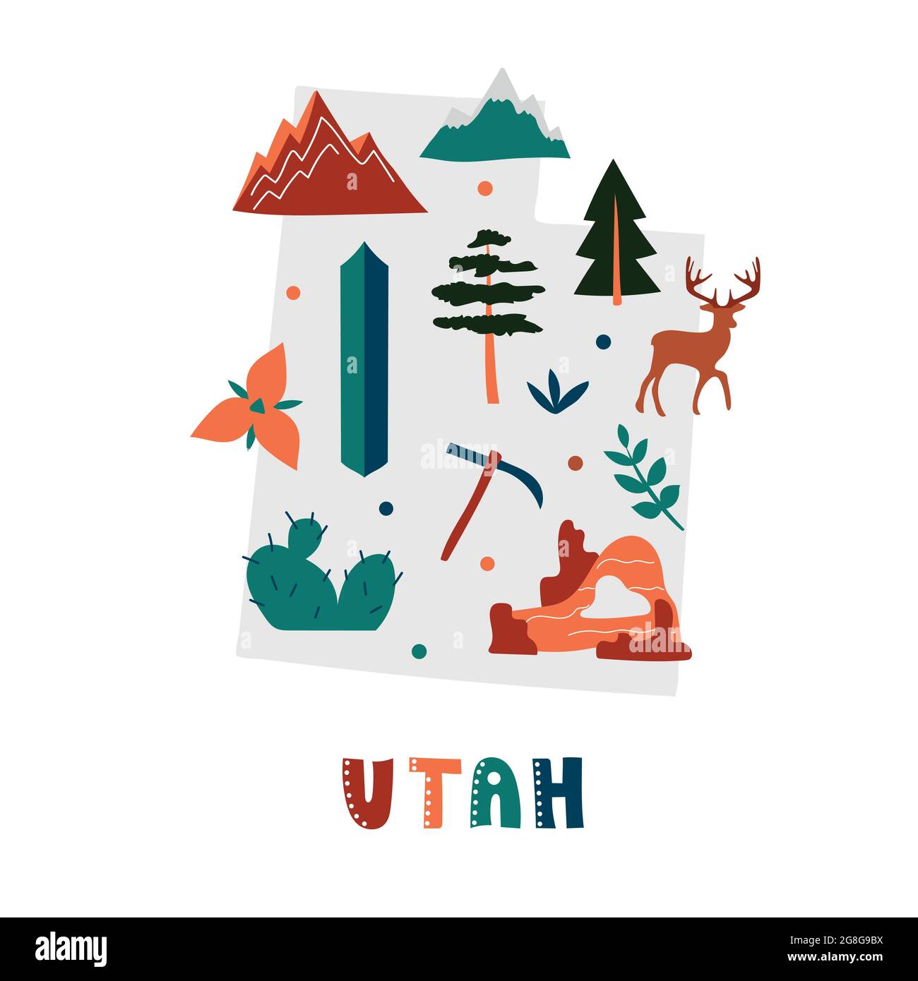 USA mappa raccolta. Simboli di stato e natura sulla silhouette grigia dello stato - Utah. Cartone animato stile semplice per la stampa Illustrazione Vettoriale