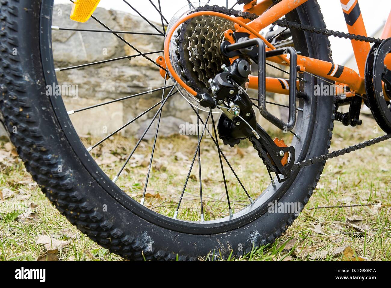 Complesso outfit metallizzato sulla ruota posteriore in gomma di una mountain bike. Tecnologia e attrezzature tecniche e sportive Foto Stock