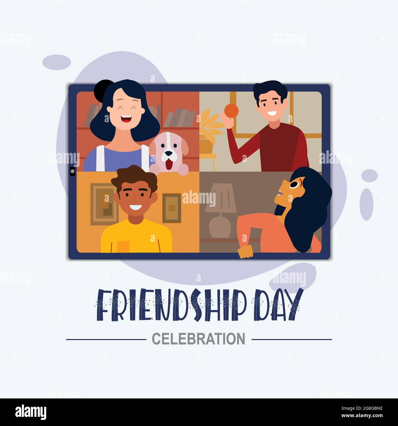 Manifesto del giorno dell'amicizia . In questo poster, gli amici celebrano il giorno dell'amicizia videochiamando l'uno con l'altro su una scheda Illustrazione Vettoriale