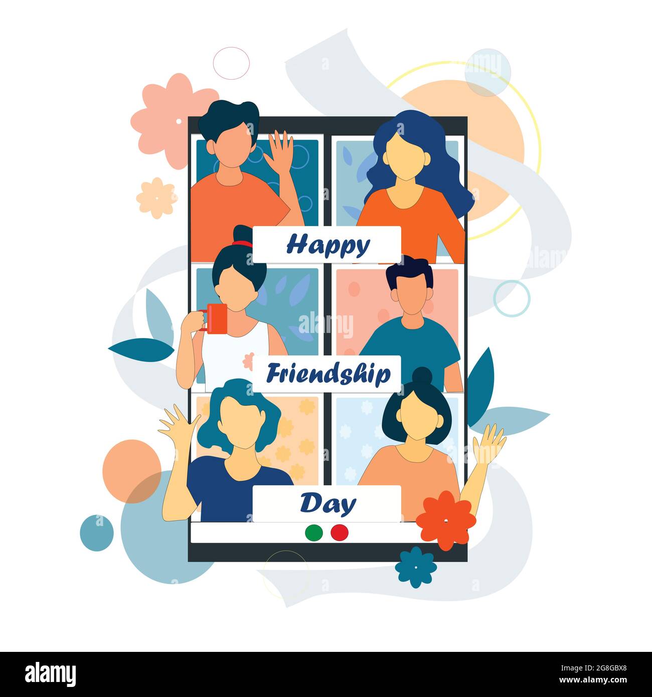 Poster del giorno dell'amicizia. In questo poster, gli amici celebrano la giornata dell'amicizia videochiamando l'uno con l'altro su un cellulare Illustrazione Vettoriale Poster del giorno dell'amicizia. In questo poster, gli amici celebrano la giornata dell'amicizia videochiamando l'uno con l'altro su un cellulare Illustrazione Vettoriale