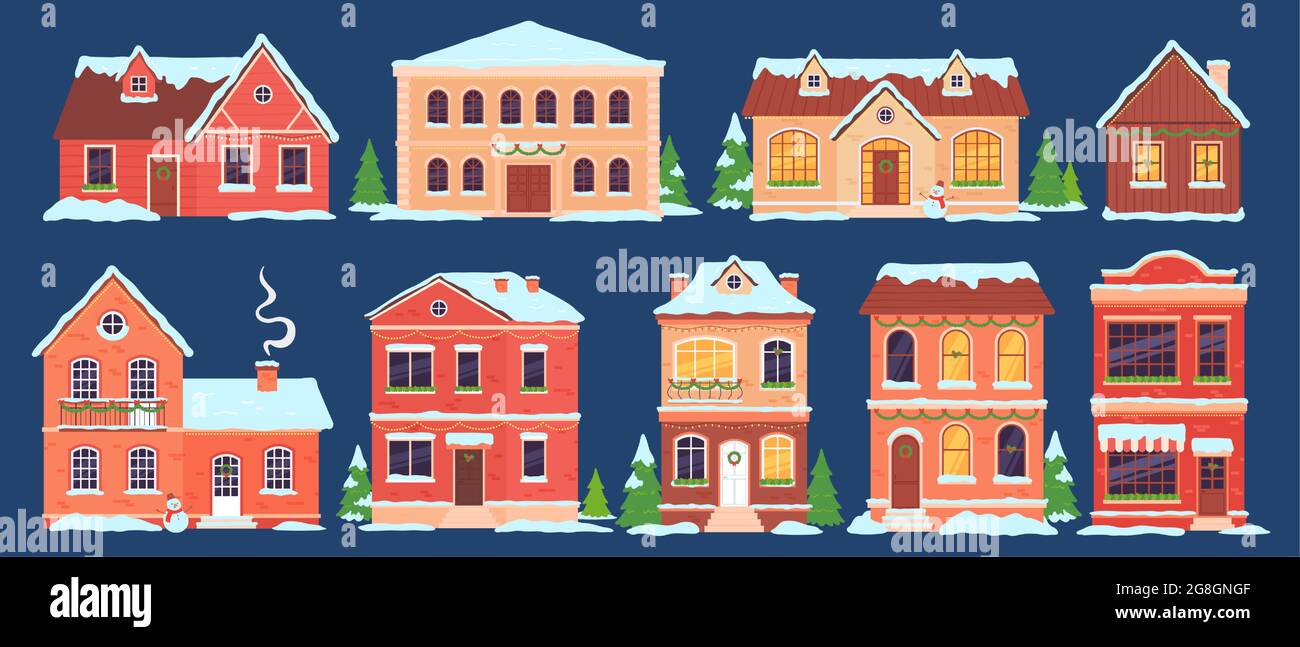 Case di Natale. Edifici con cappelli da neve decorati per vacanze invernali con luci, alberi di Natale e corona. Cartoon città cottage insieme vettoriale Illustrazione Vettoriale