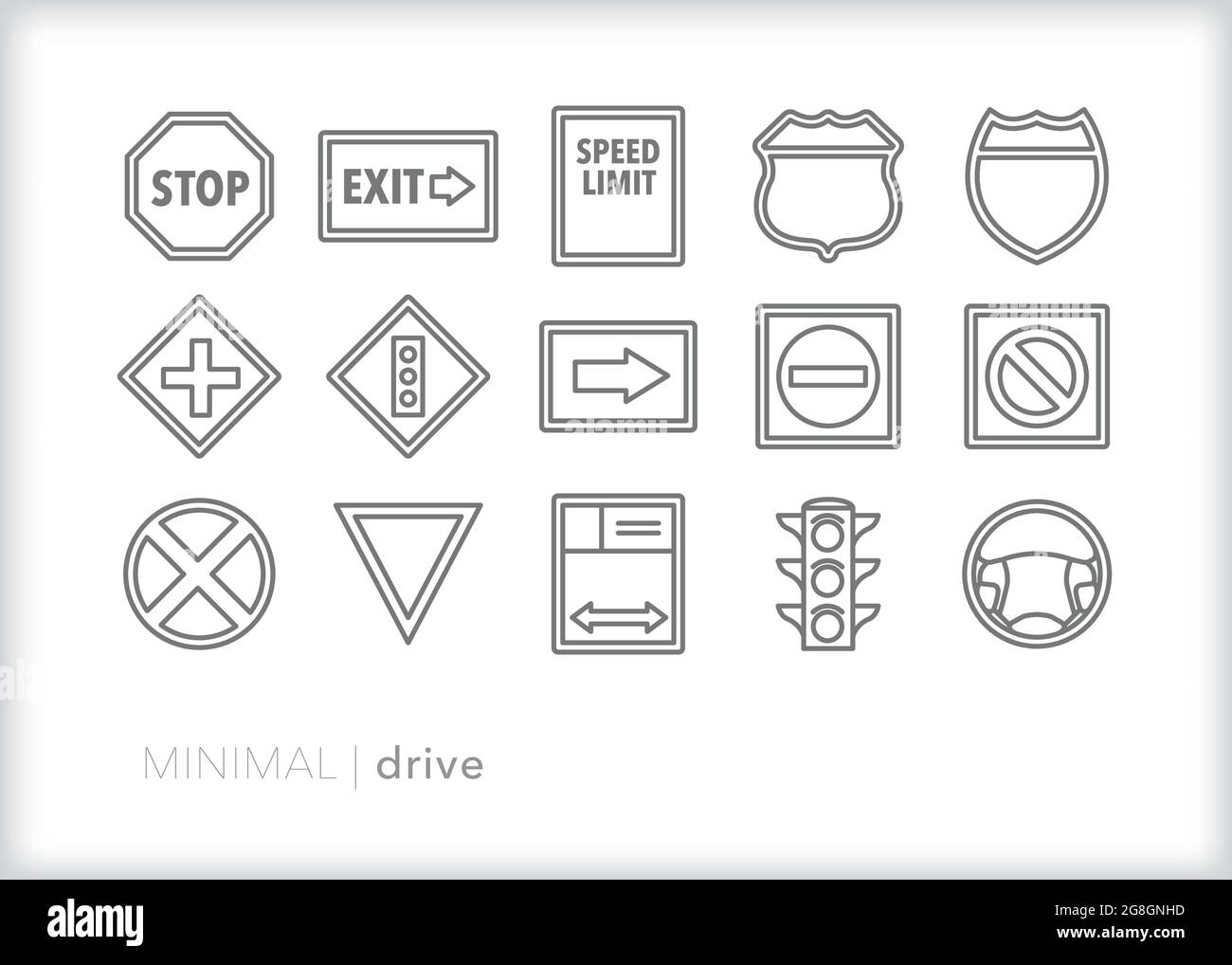 Serie di icone della linea guida delle indicazioni stradali e autostradali per le regole della strada Illustrazione Vettoriale