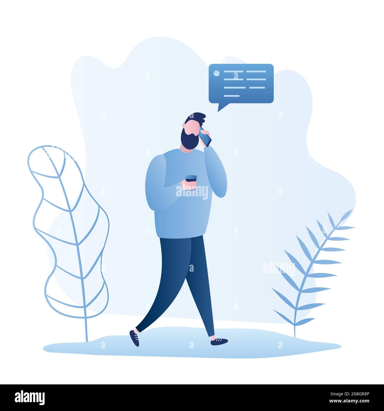 Caucaisan maschio hipster con caffè tazza e smartphone, ragazzo che parla su un telefono cellulare, stile trendy vettore illustrazione Illustrazione Vettoriale