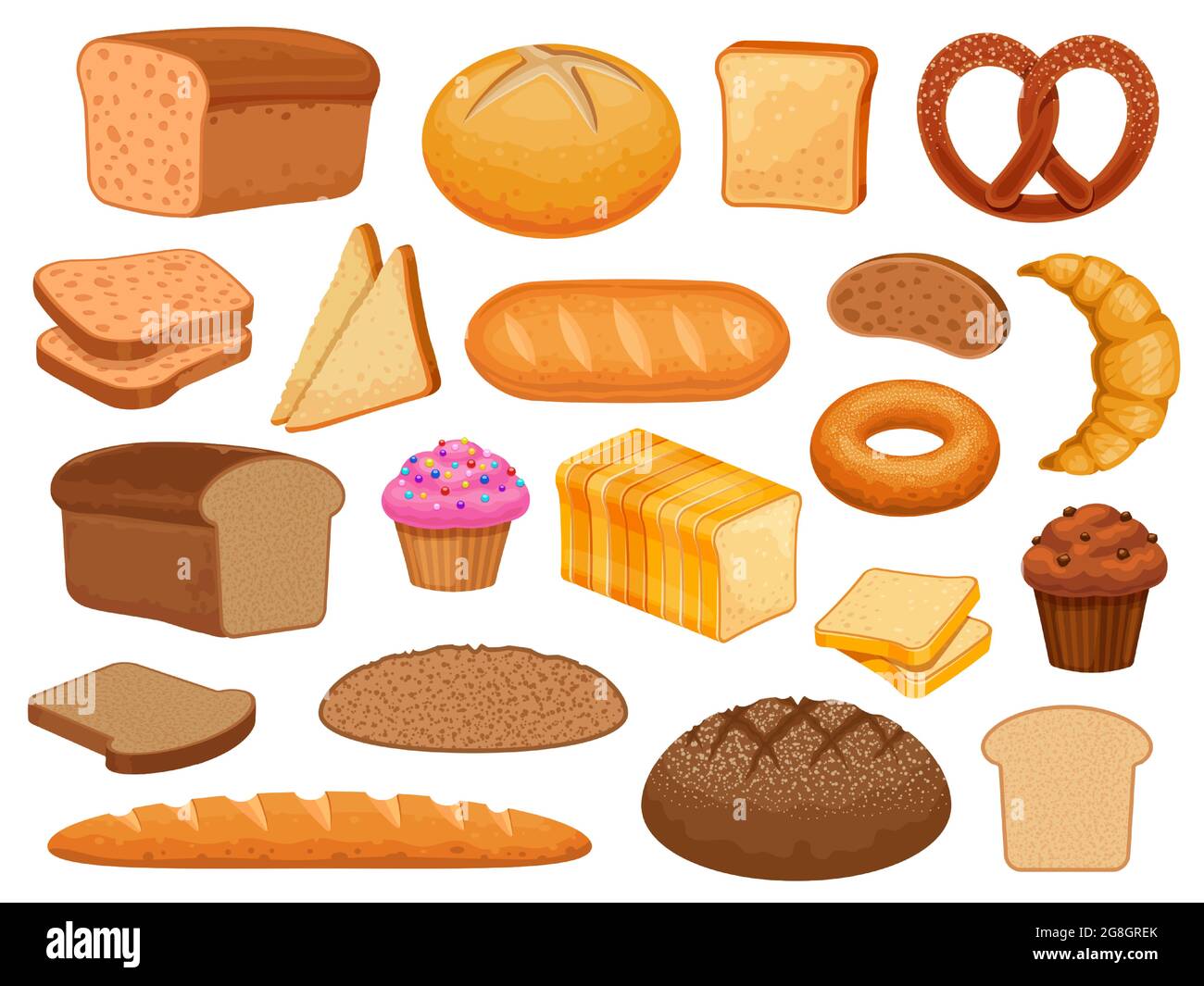 Pane di cartone animato. Brioche, cupcake, croissant e ciambelle dolci. Pane  di grano, fette di pane tostato, bagel, baguette francese e set vettoriale di  prodotti da forno Immagine e Vettoriale - Alamy