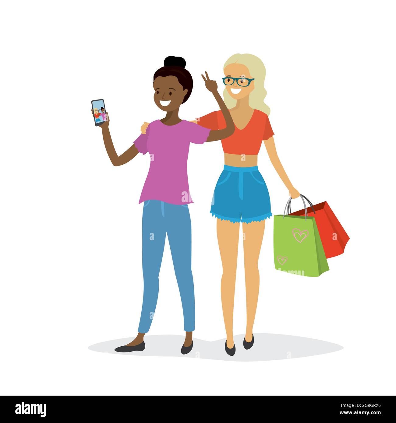 Felice coppia di donne prendere un selfie, bellezza giovane donna afroamericana e caucasica caratteri isolati su sfondo bianco, piatta illustrazione vettoriale Illustrazione Vettoriale