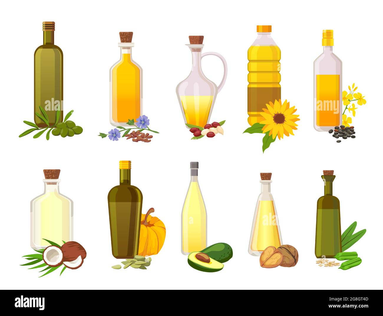 Bottiglie di olio da cucina. Oli naturali vegetali, di oliva, di girasole, di avocado e di cocco vergini organici in vetro con ingredienti vegetali insieme vettoriale Illustrazione Vettoriale
