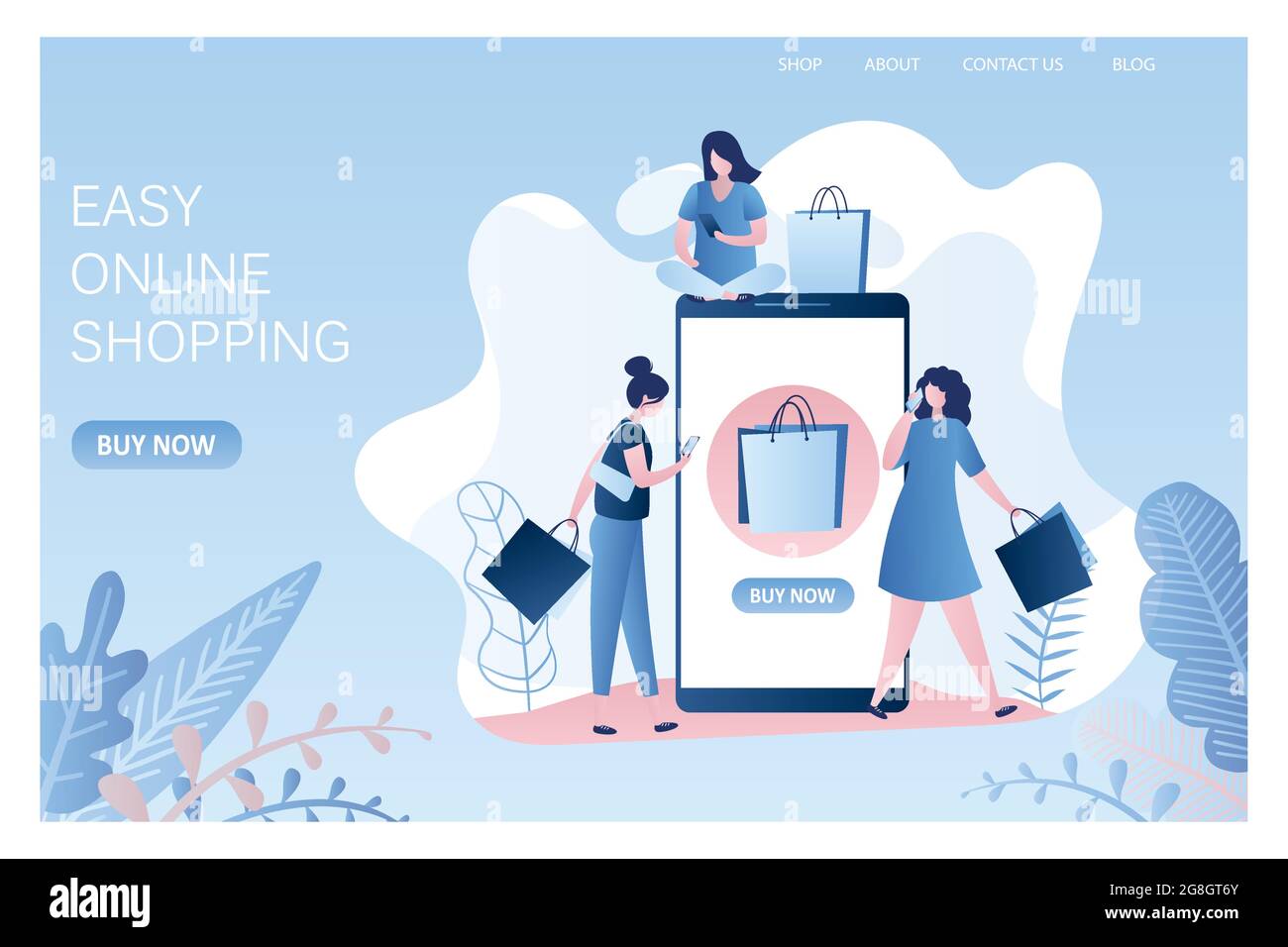 Grande smartphone con icona dello shopping e ragazze diverse con borse per lo shopping e telefoni cellulari, facile shopping online landing page tamplate, stile alla moda vec Illustrazione Vettoriale